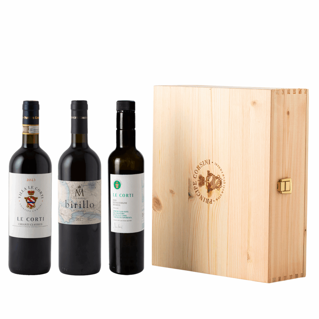 Box + Cassetta di Legno: cambio immagine con 2022; nuovo prezzo 18,50€; disponibilità: 30; SKU: KL02LCBR Le Corti 2023 + Birillo 22 + Olio EVO 0,75 L + Cassetta di Legno